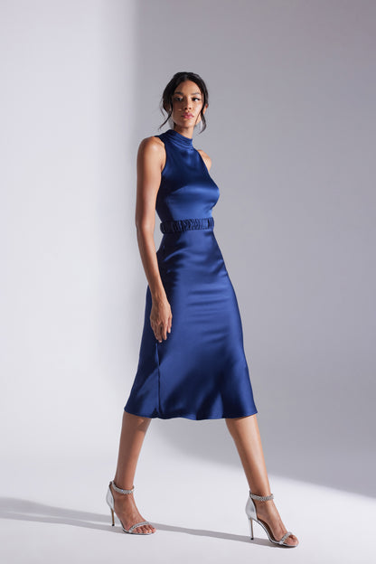 SIENA SLEEVELESS JUDICIAL COLLAR DARK BLUE SATIN EVENING DRESS