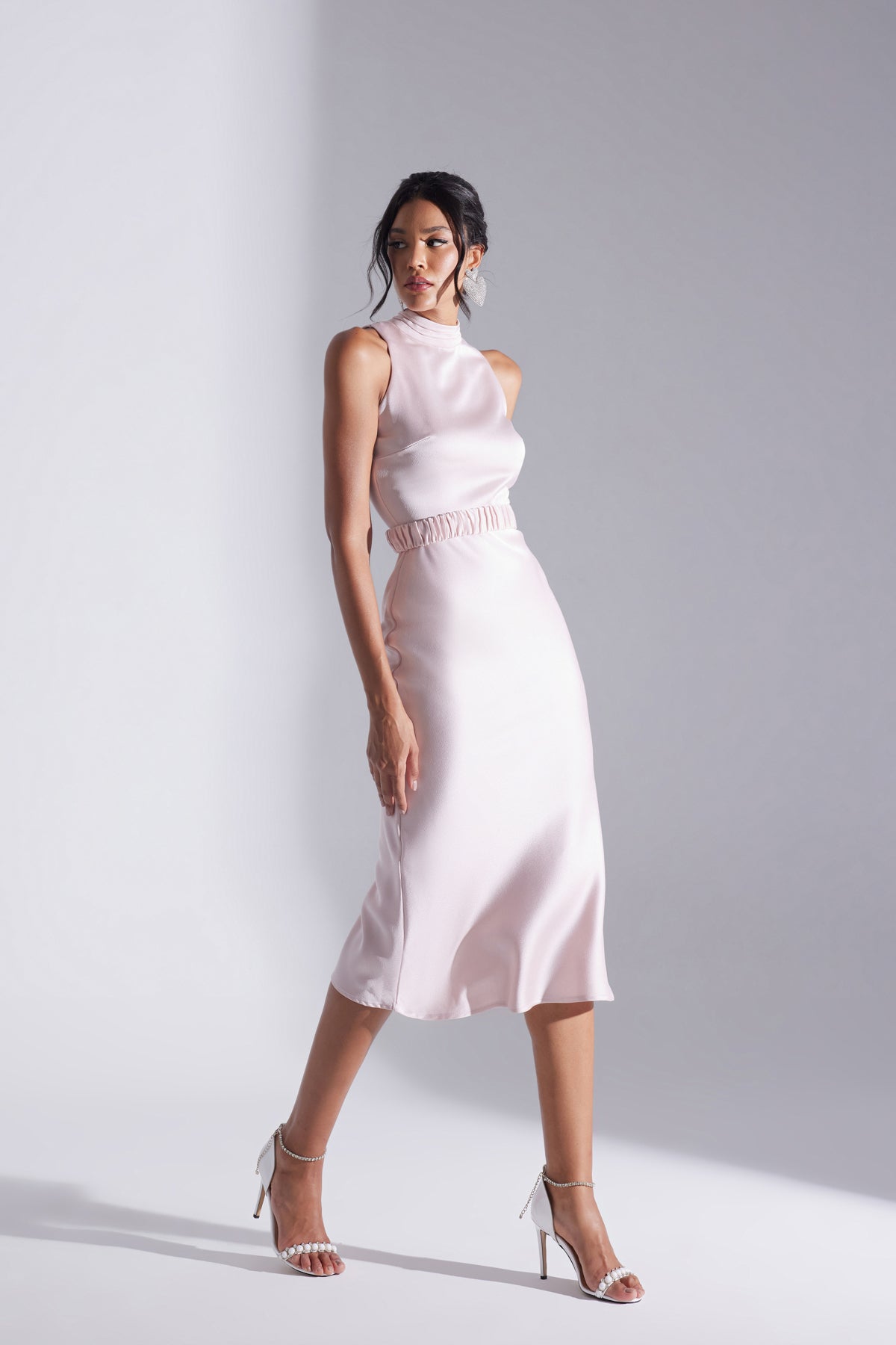 SIENA SLEEVELESS JUDICIAL COLLAR POWDER SATIN EVENING DRESS