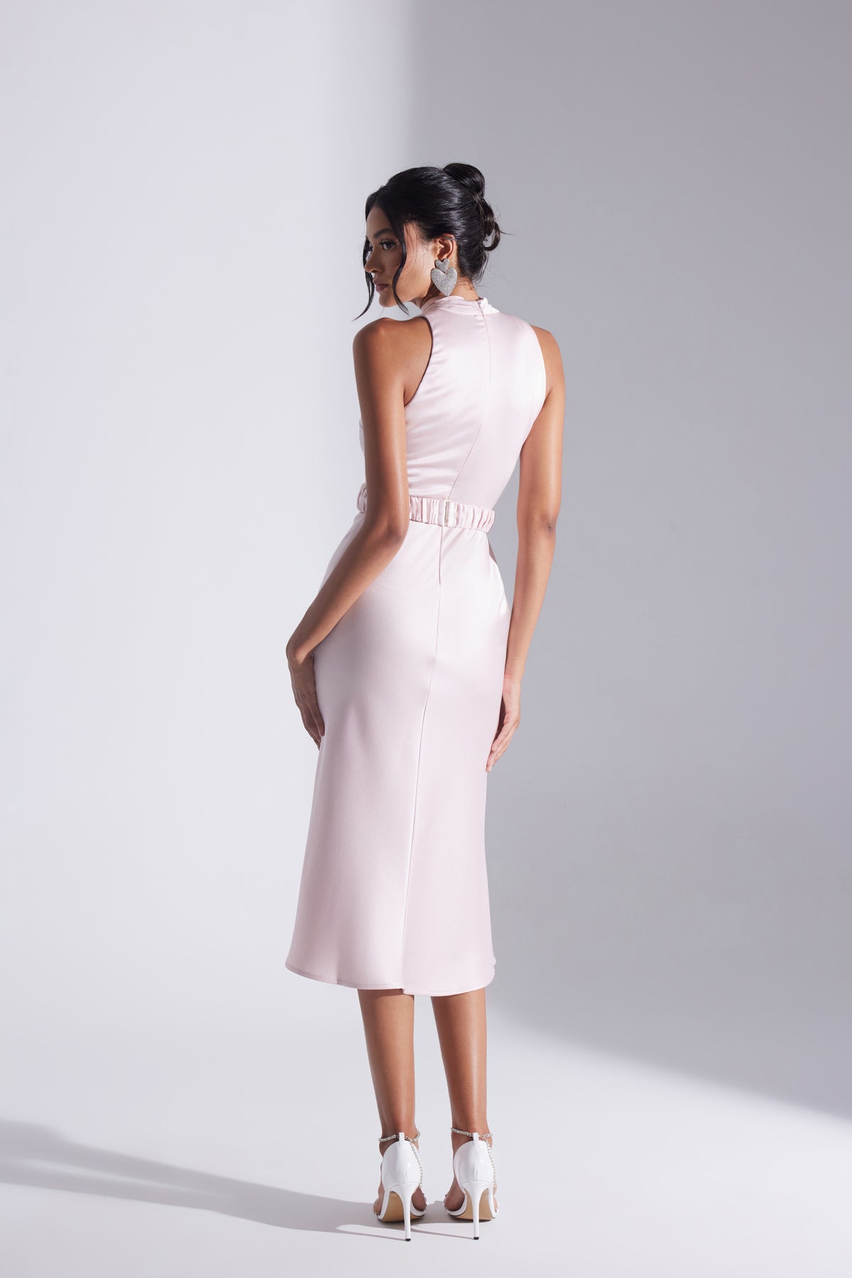 SIENA SLEEVELESS JUDICIAL COLLAR POWDER SATIN EVENING DRESS
