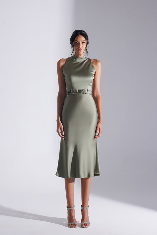SIENA SLEEVELESS JUDGES COLLAR HAKI SATIN NIGHT DRESS