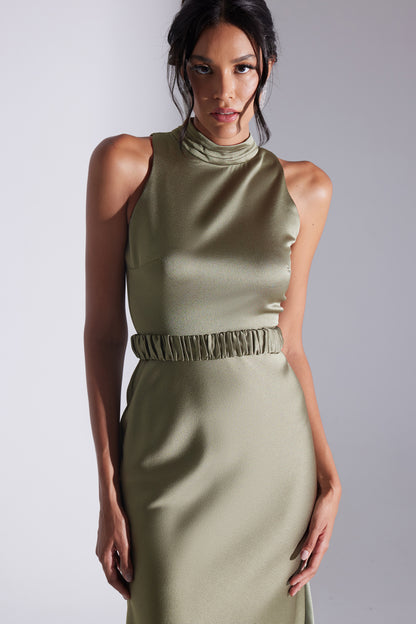 SIENA SLEEVELESS JUDGES COLLAR HAKI SATIN NIGHT DRESS