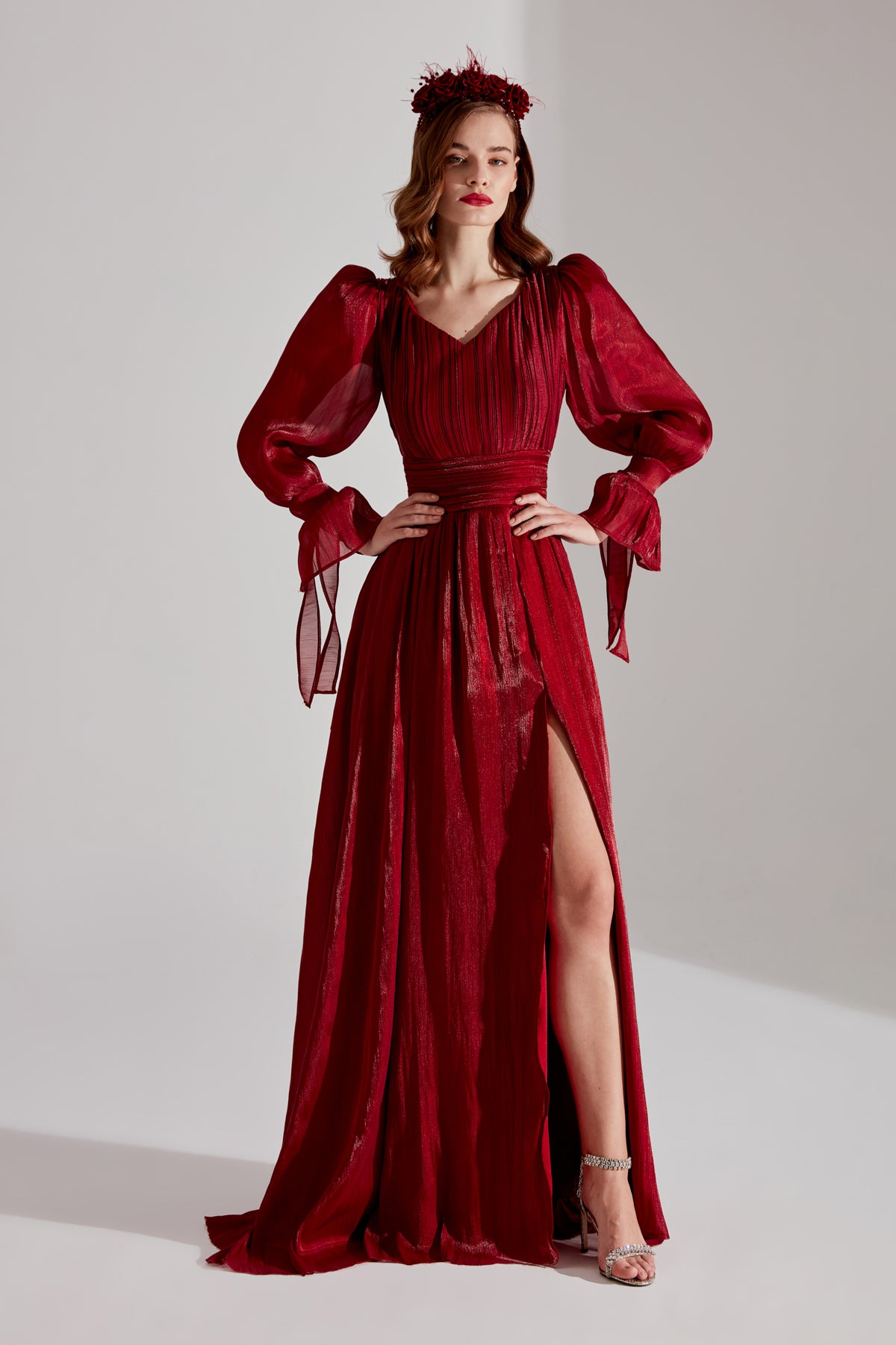 ANIKA Dark Red Slit V-Neck Evening Dress