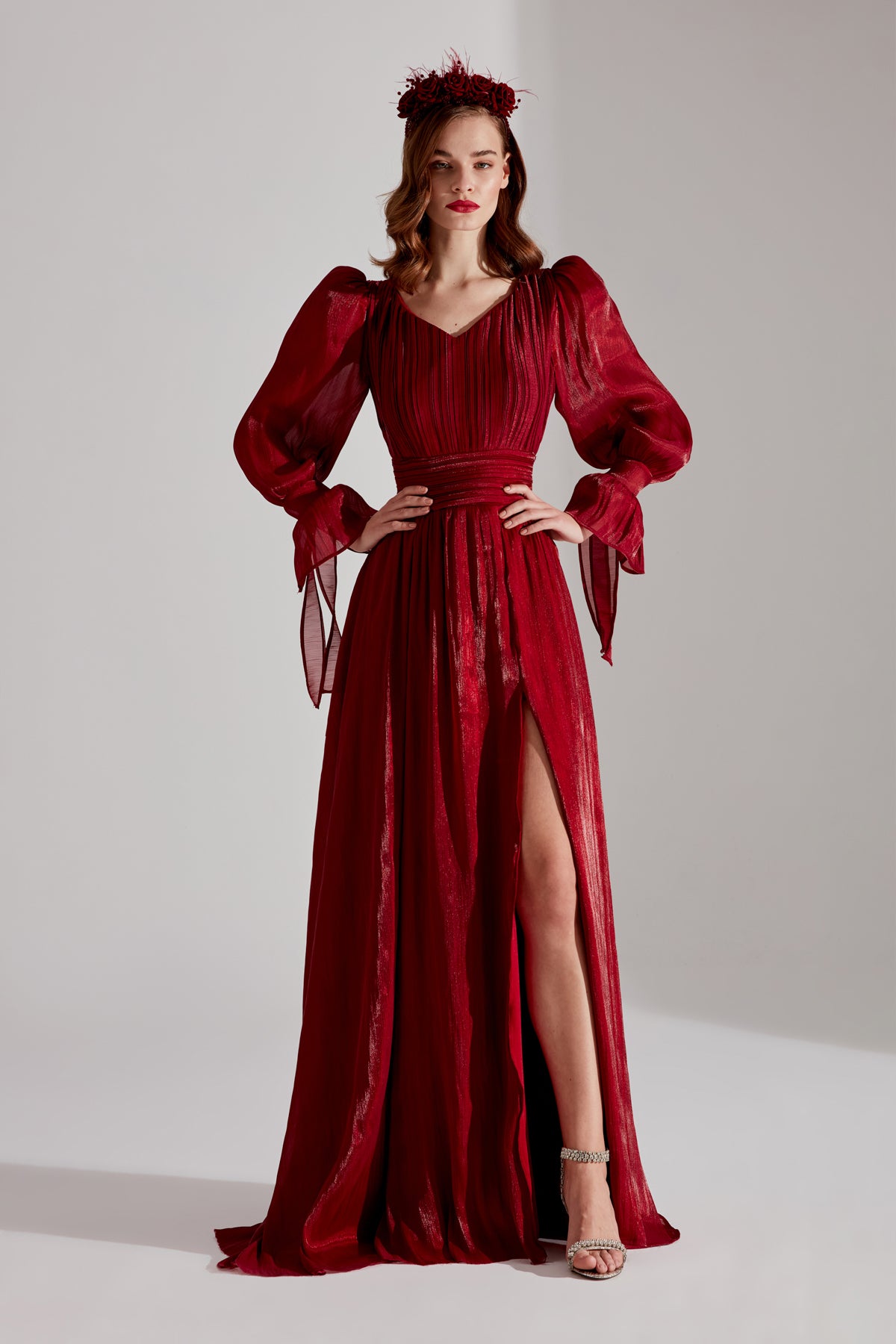 ANIKA Dark Red Slit V-Neck Evening Dress