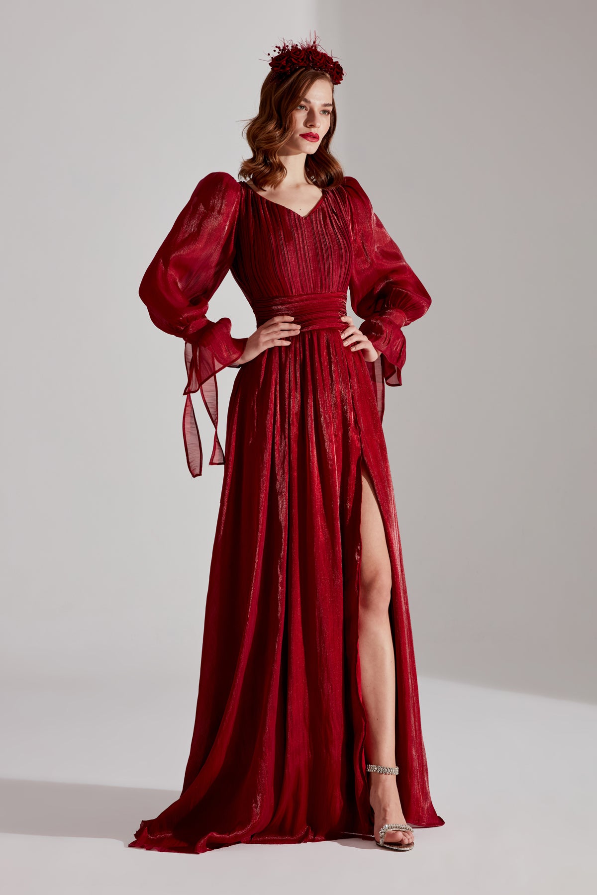ANIKA Dark Red Slit V-Neck Evening Dress