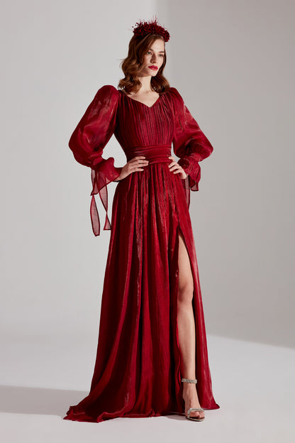 ANIKA Dark Red Slit V-Neck Evening Dress