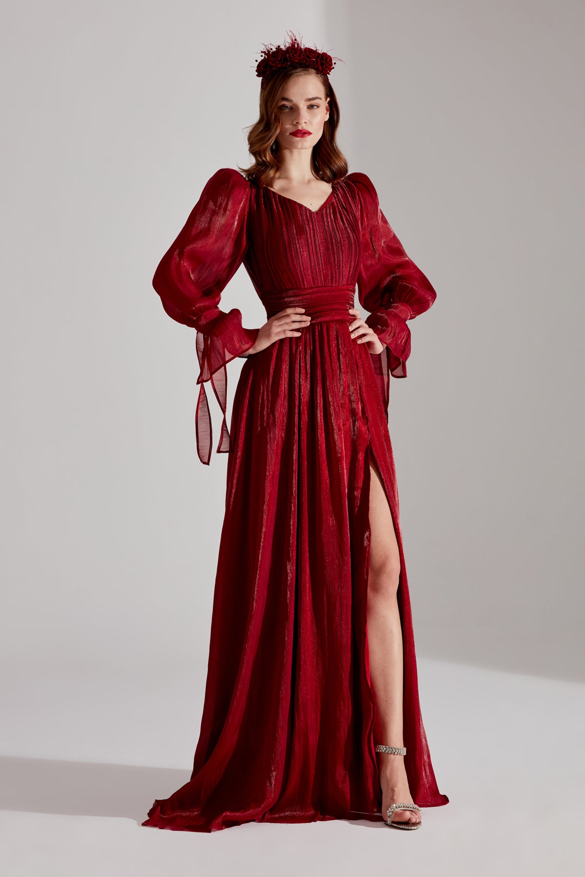 ANIKA Dark Red Slit V-Neck Evening Dress
