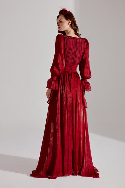 ANIKA Dark Red Slit V-Neck Evening Dress