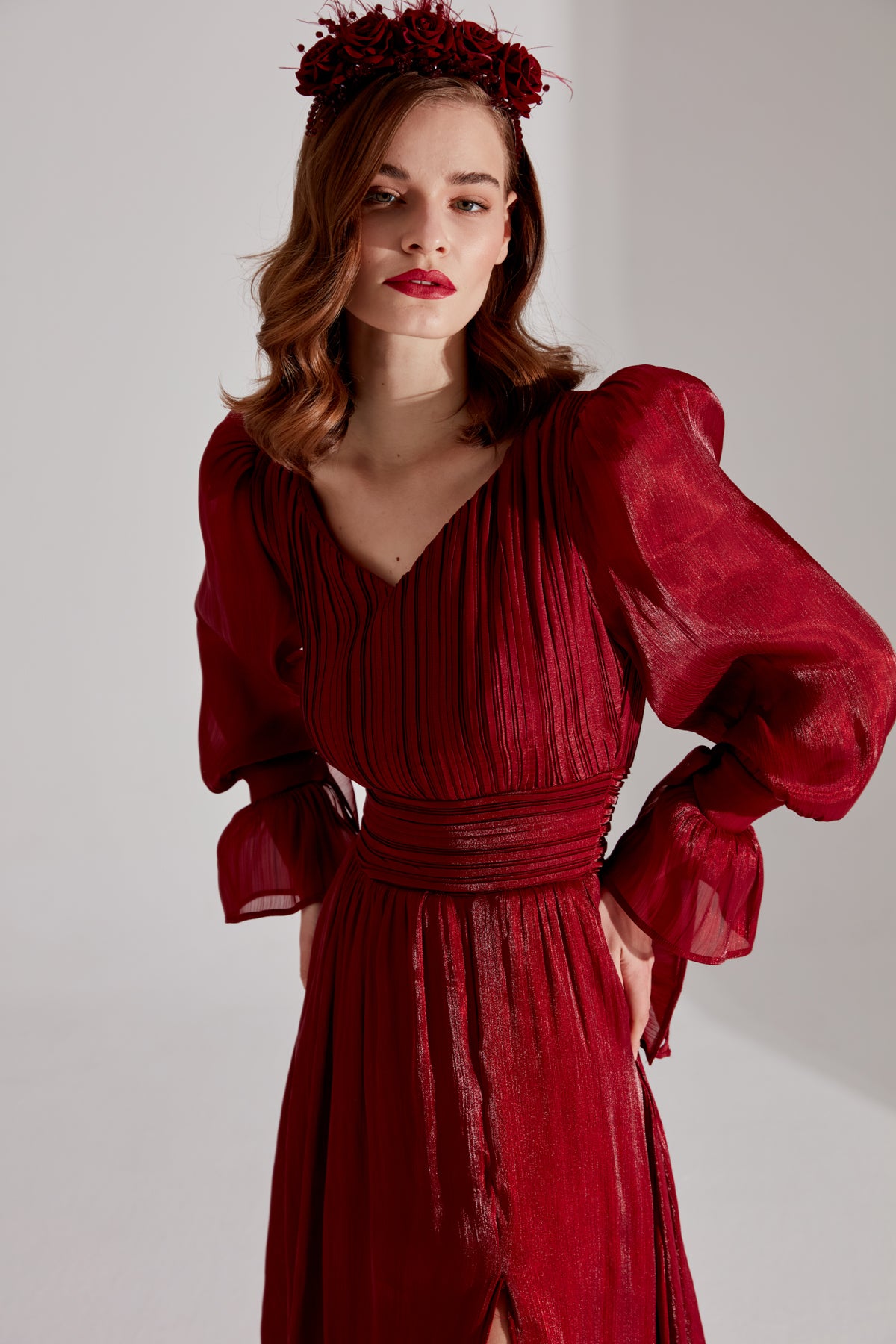 ANIKA Dark Red Slit V-Neck Evening Dress