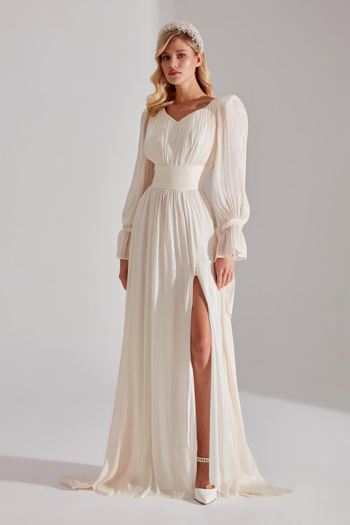 ANIKA EKRU Slit V Neck Evening Dress