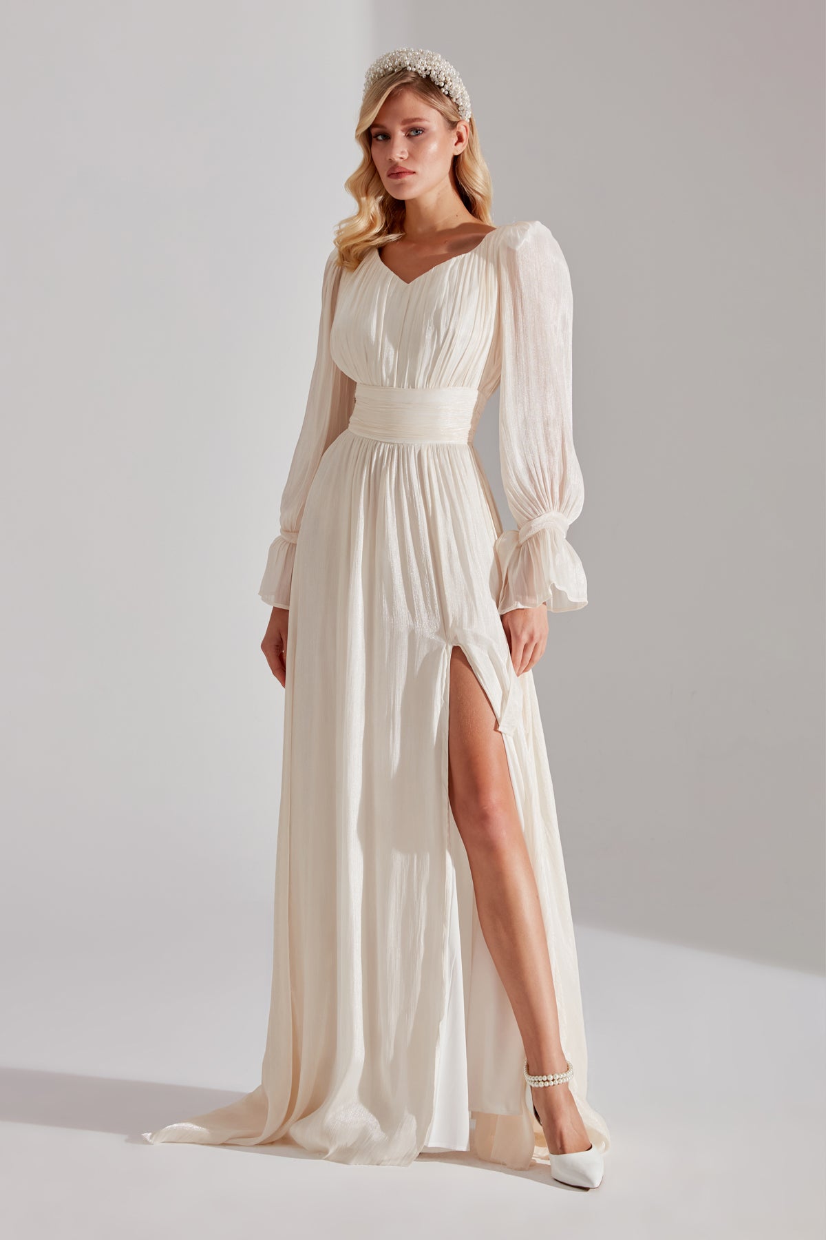 ANIKA EKRU Slit V Neck Evening Dress