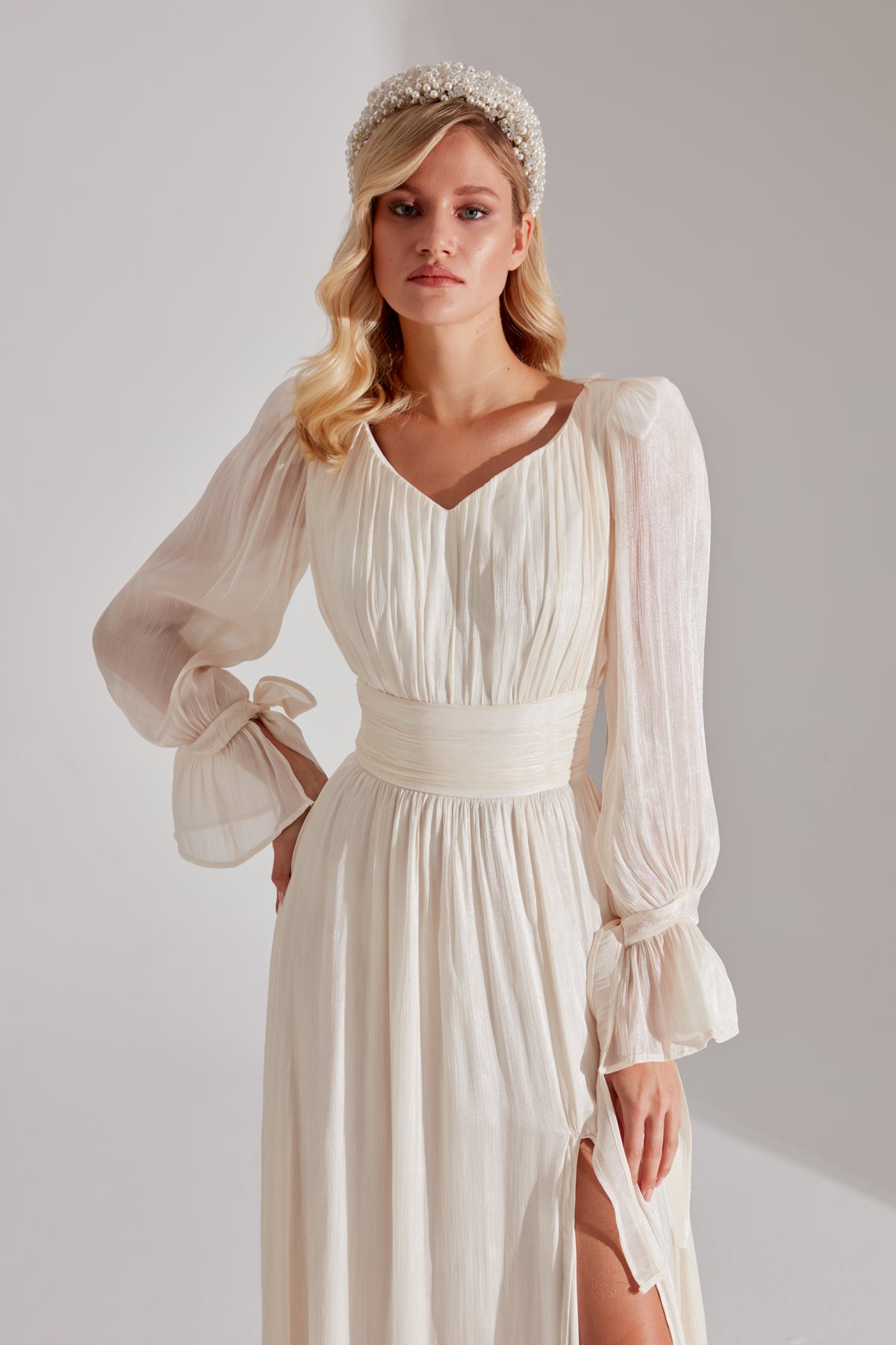 ANIKA EKRU Slit V Neck Evening Dress