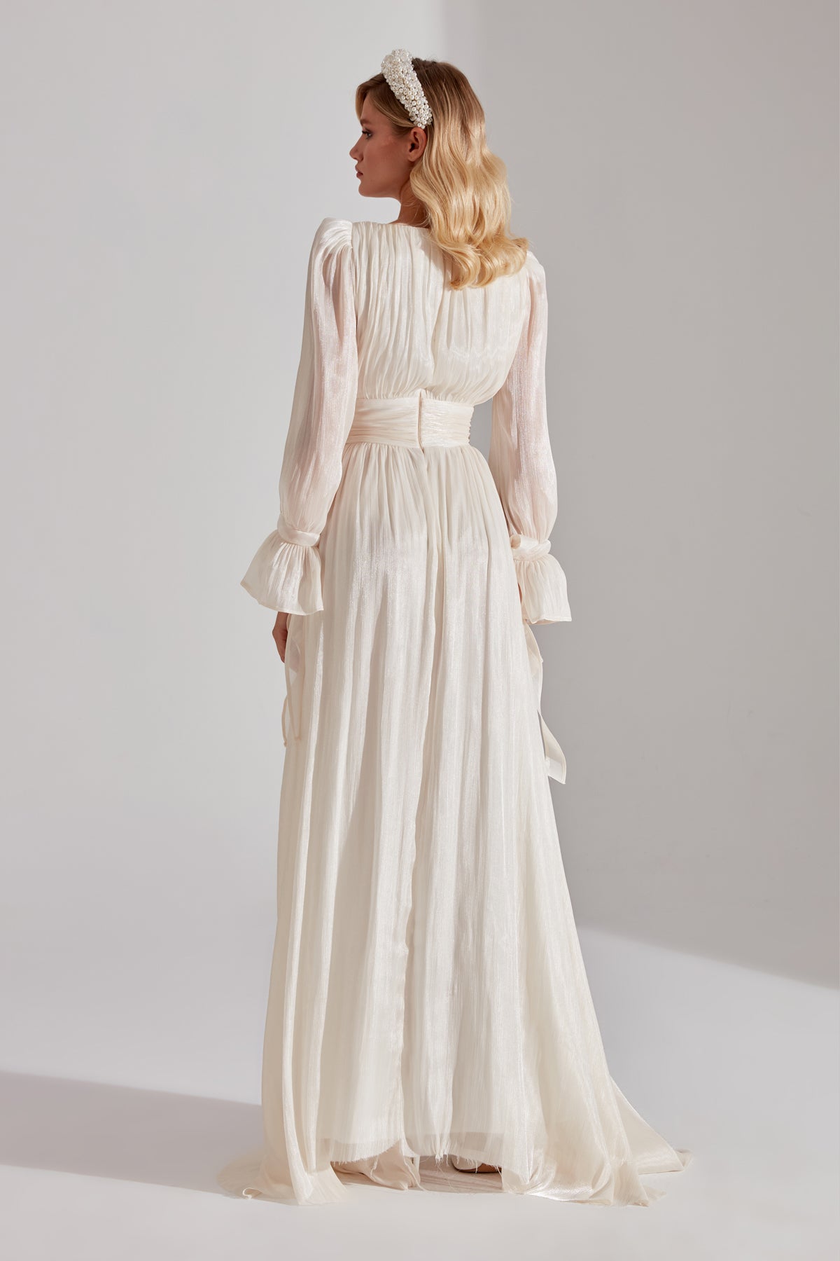 ANIKA EKRU Slit V Neck Evening Dress