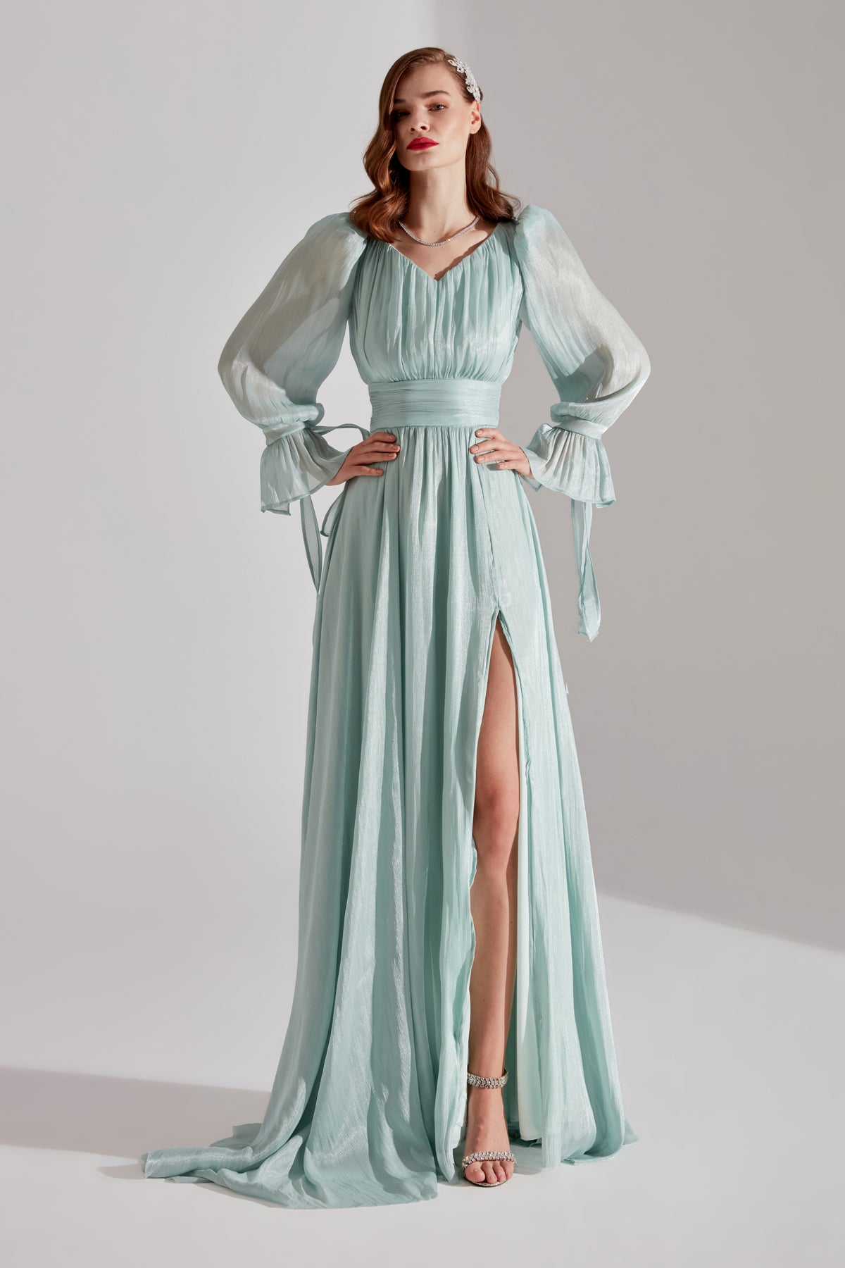 ANIKA Green Split V-Neck Evening Dress