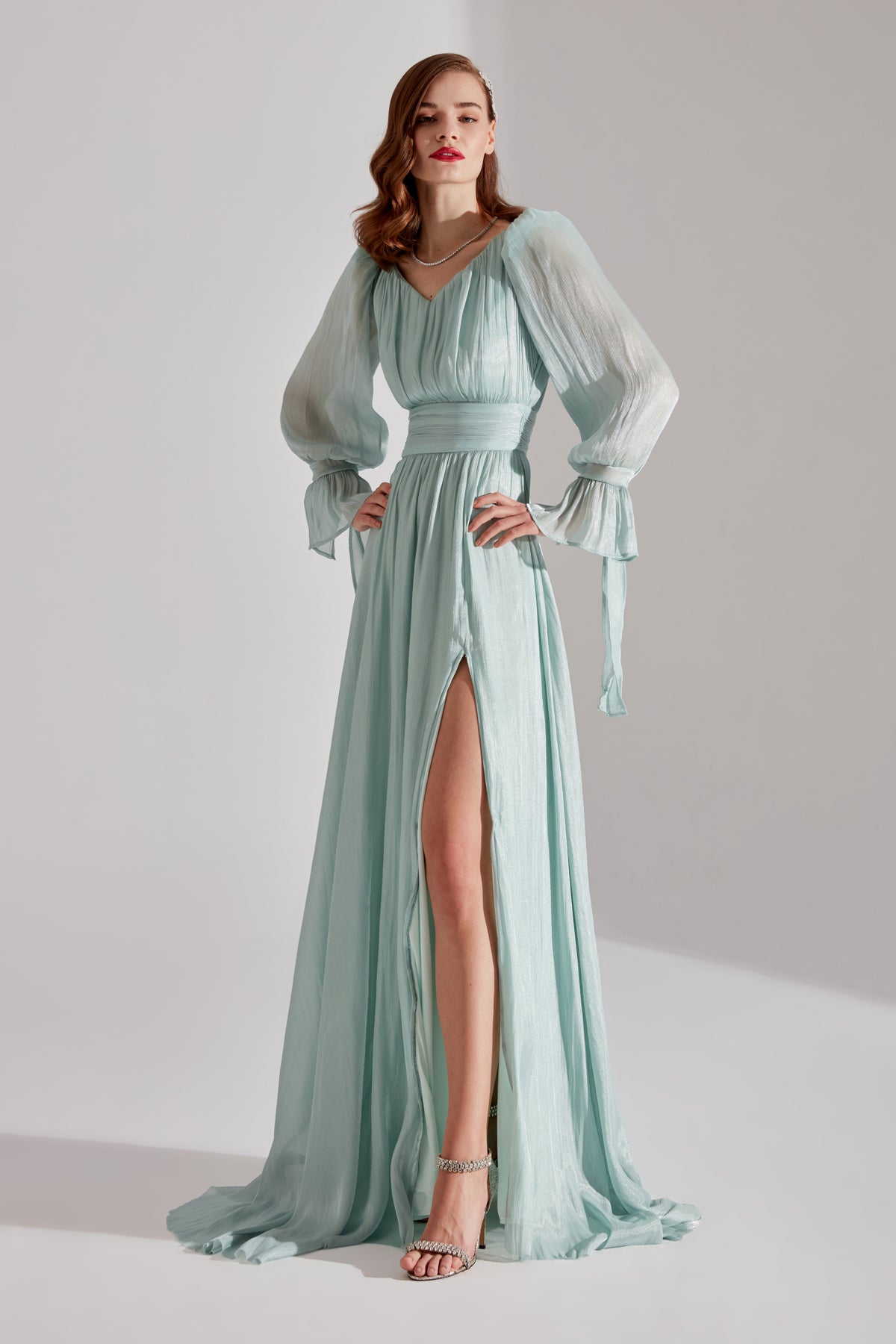 ANIKA Green Split V-Neck Evening Dress