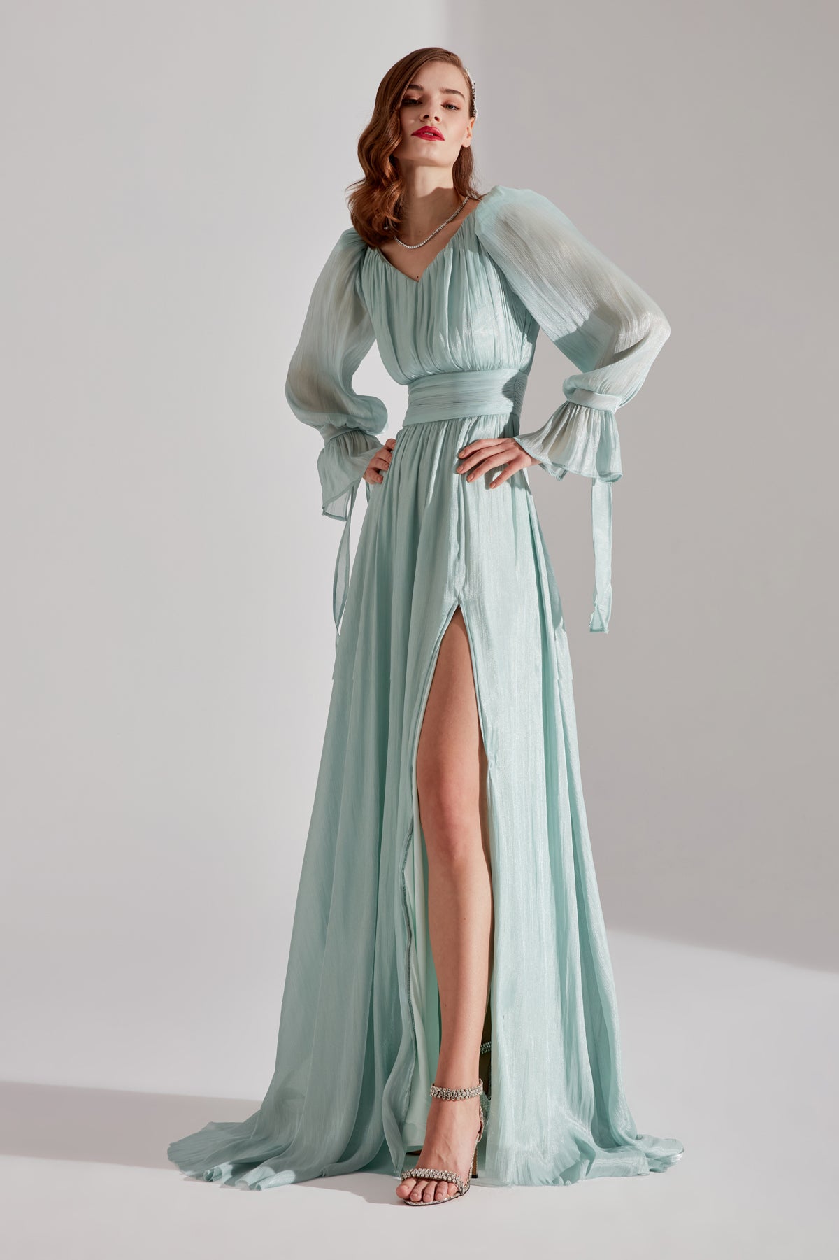 ANIKA Green Split V-Neck Evening Dress