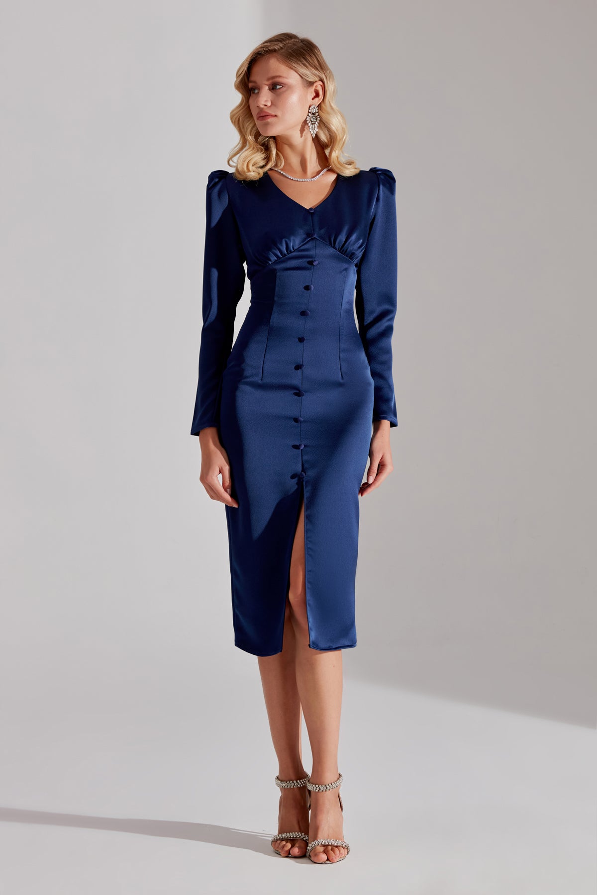 SANDRA Dunkelblaues Knopf-Front Bleistiftkleid