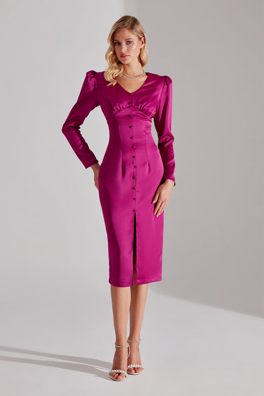 SANDRA Fuchsia Front Buttoned Pencil Dress