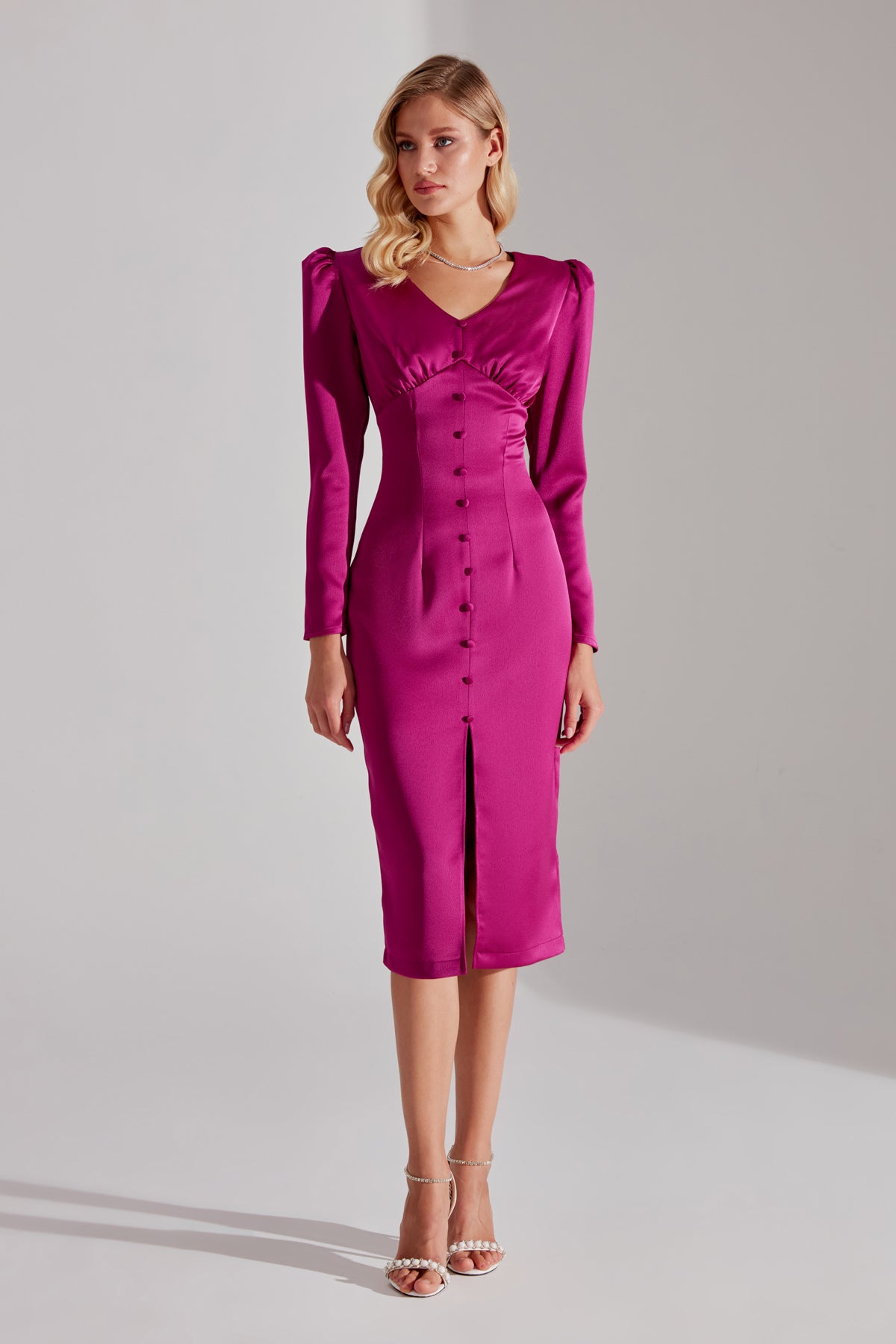SANDRA Fuchsia Front Buttoned Pencil Dress