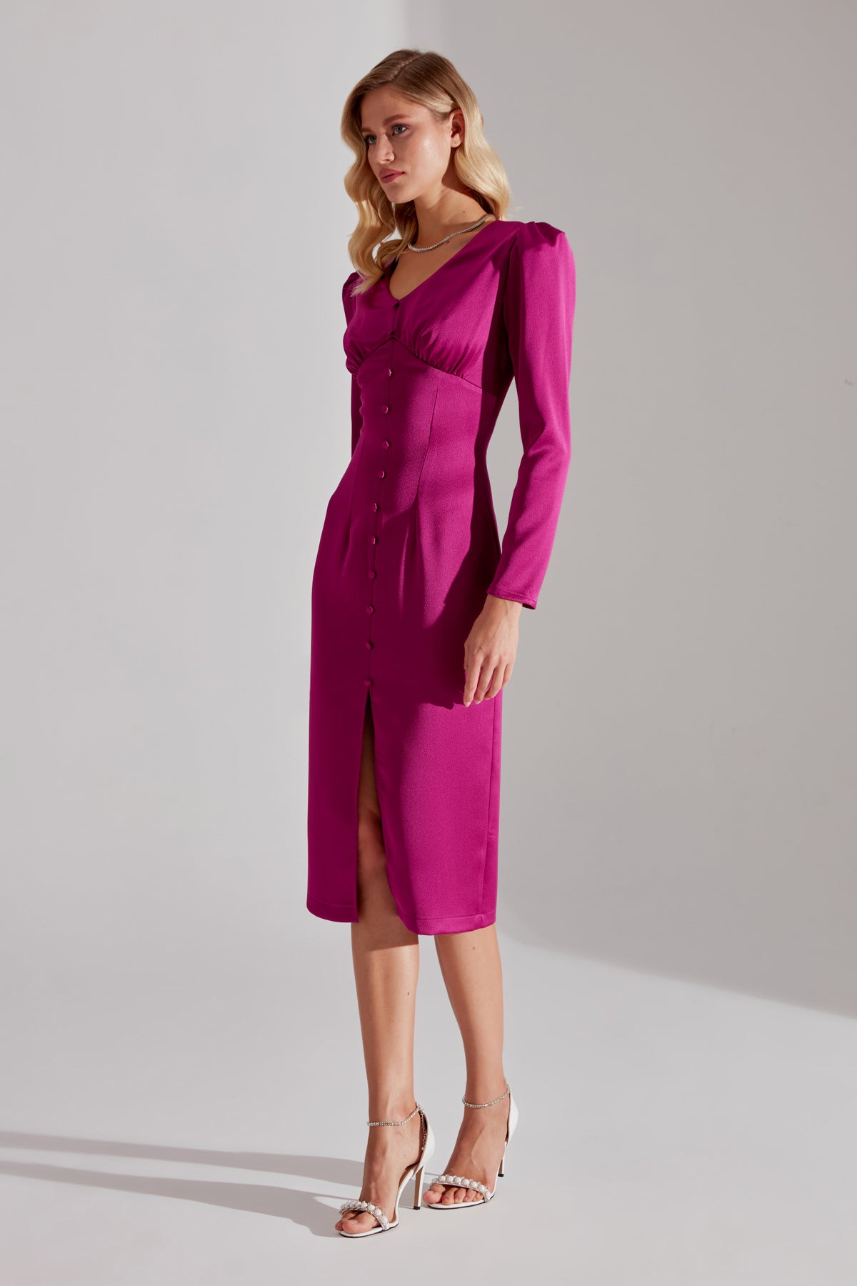 SANDRA Fuchsia Front Buttoned Pencil Dress
