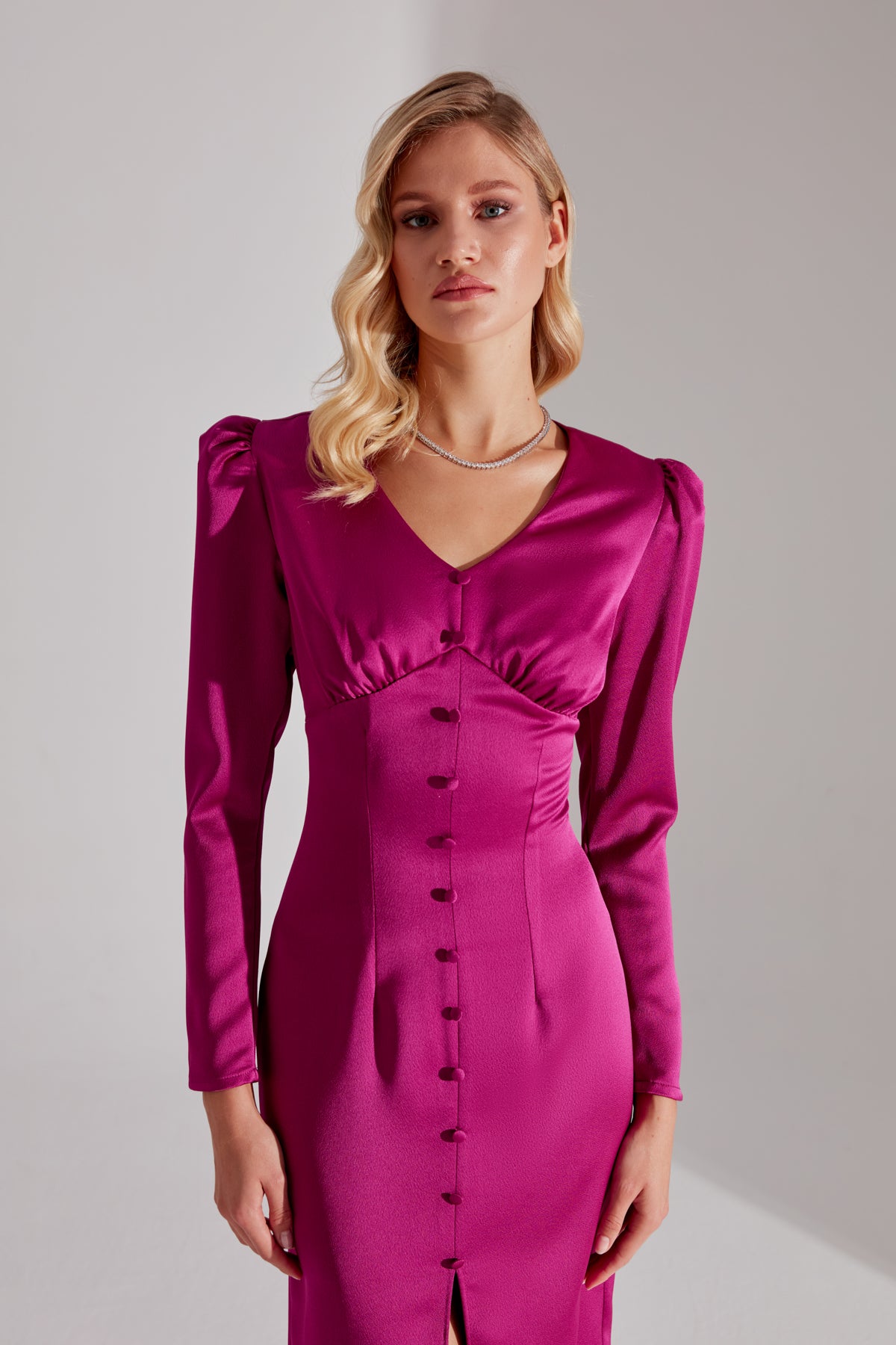 SANDRA Fuchsia Front Buttoned Pencil Dress