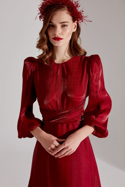 POLINA Dark Red Balloon Sleeve Flared Dress