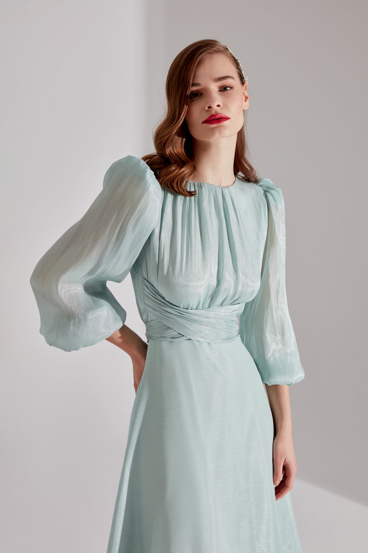 POLINA Mint Green Balloon Sleeve Flared Dress