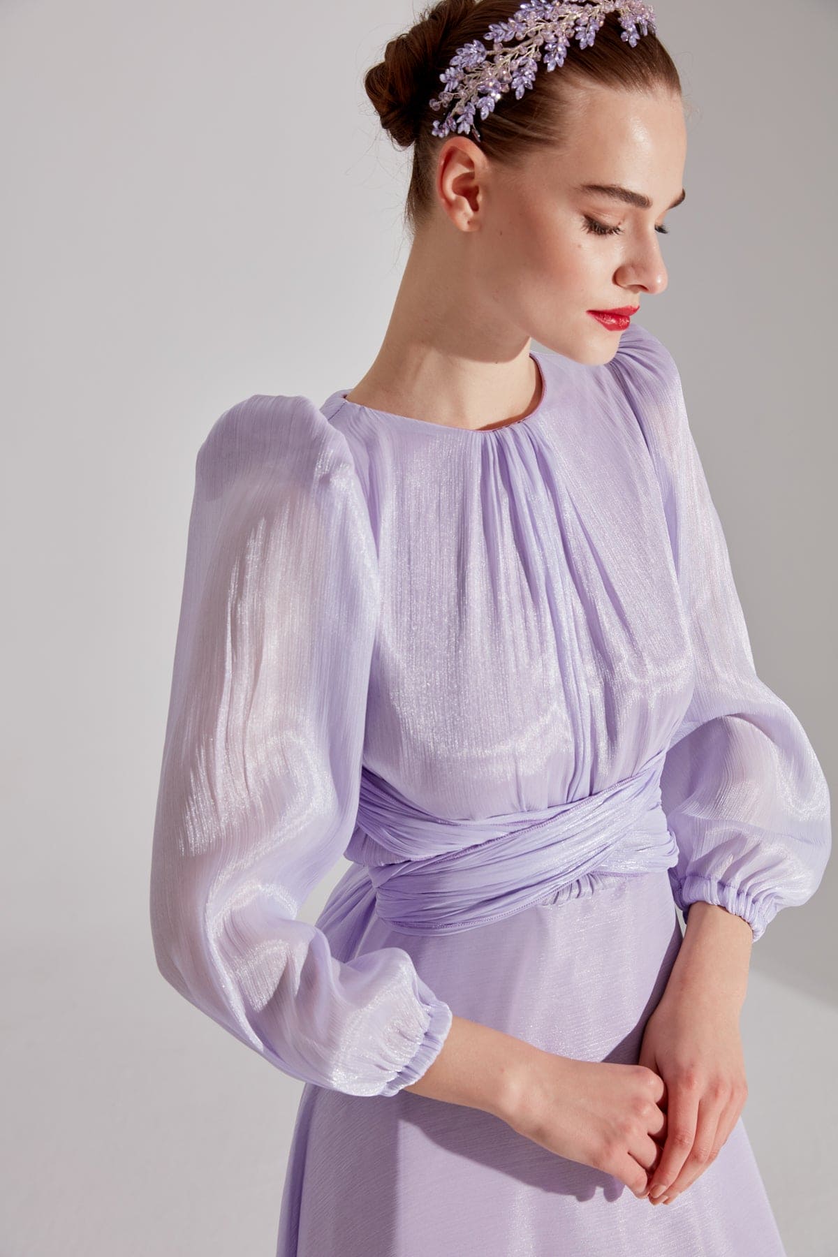 POLINA Lila Balloon Sleeve Flared Dress