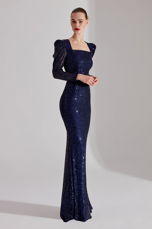 ANJAA Shiny DARK BLUE Square Neck Fish Evening Dress