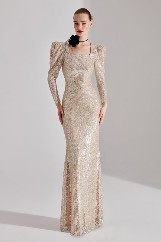 ANJAA Shiny GOLD Square Neck Fish Evening Dress