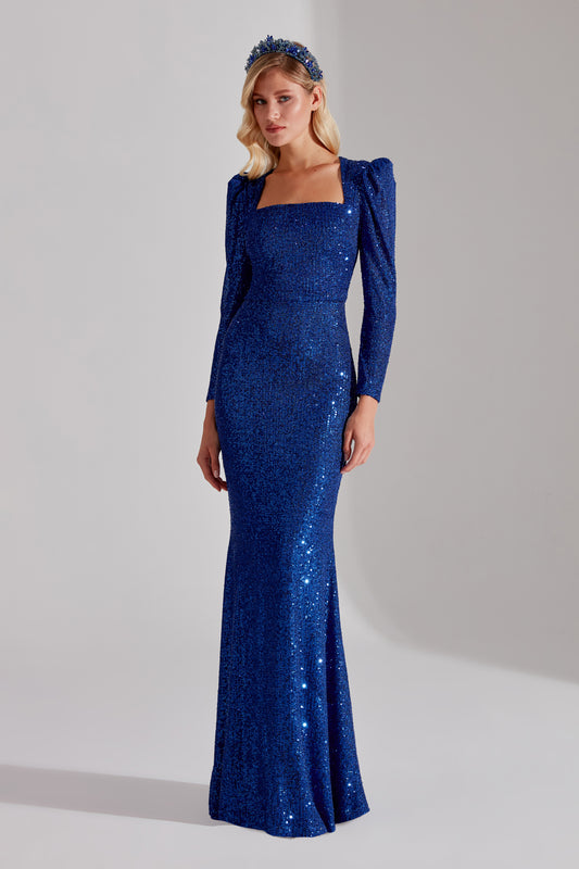 ANJAA Shimmering Indigo Blue Square Neck Fish Evening Dress