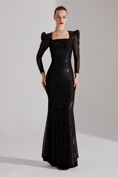 ANJAA Shiny BLACK Square Neck Fish Evening Dress