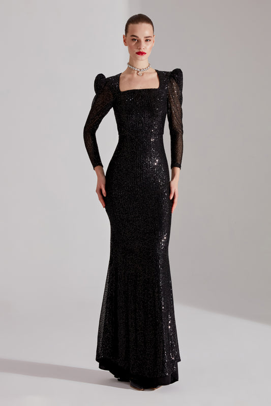 ANJAA Shiny BLACK Square Neck Fish Evening Dress