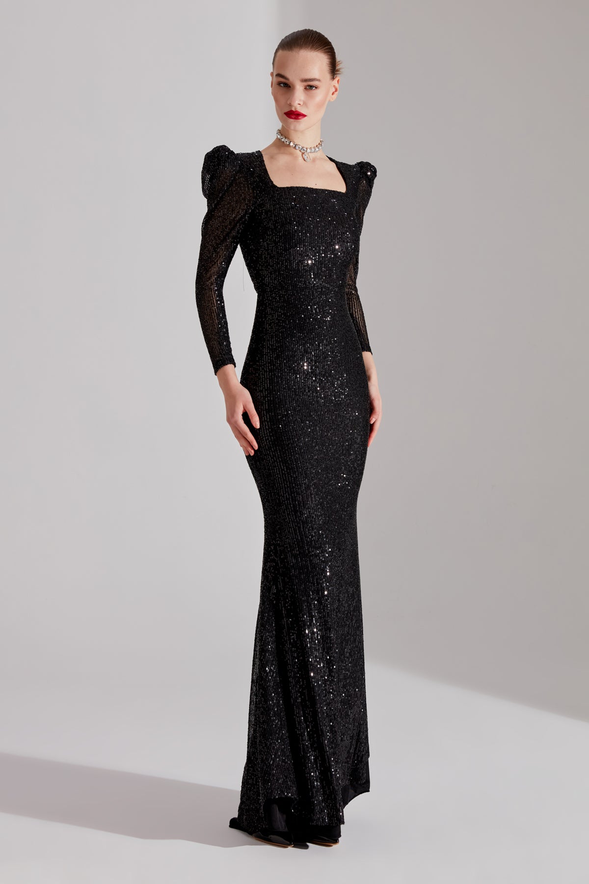 ANJAA Shiny BLACK Square Neck Fish Evening Dress