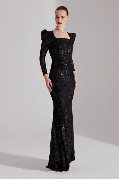 ANJAA Shiny BLACK Square Neck Fish Evening Dress