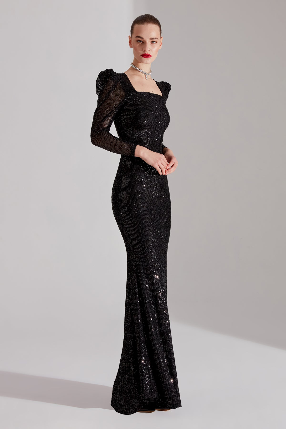 ANJAA Shiny BLACK Square Neck Fish Evening Dress