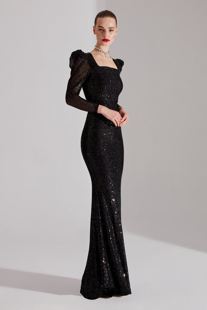 ANJAA Shiny BLACK Square Neck Fish Evening Dress