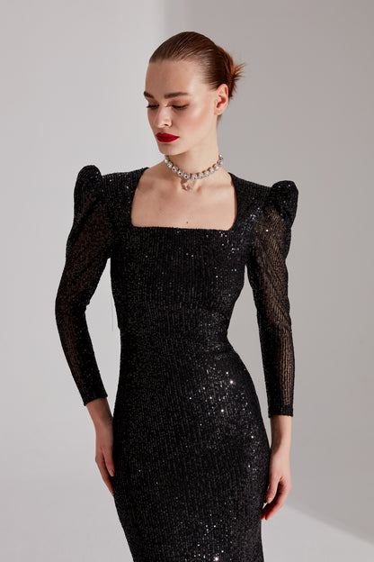 ANJAA Shiny BLACK Square Neck Fish Evening Dress