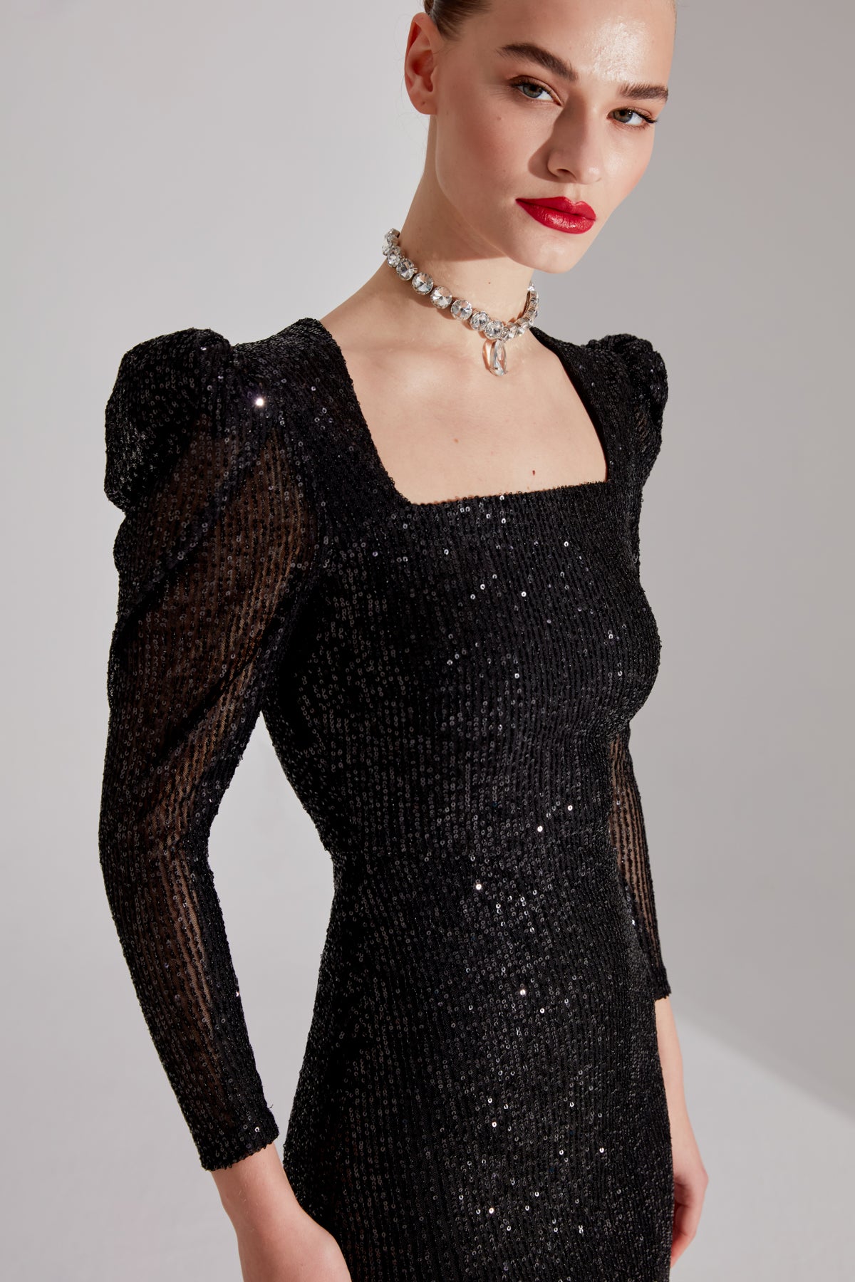 ANJAA Shiny BLACK Square Neck Fish Evening Dress