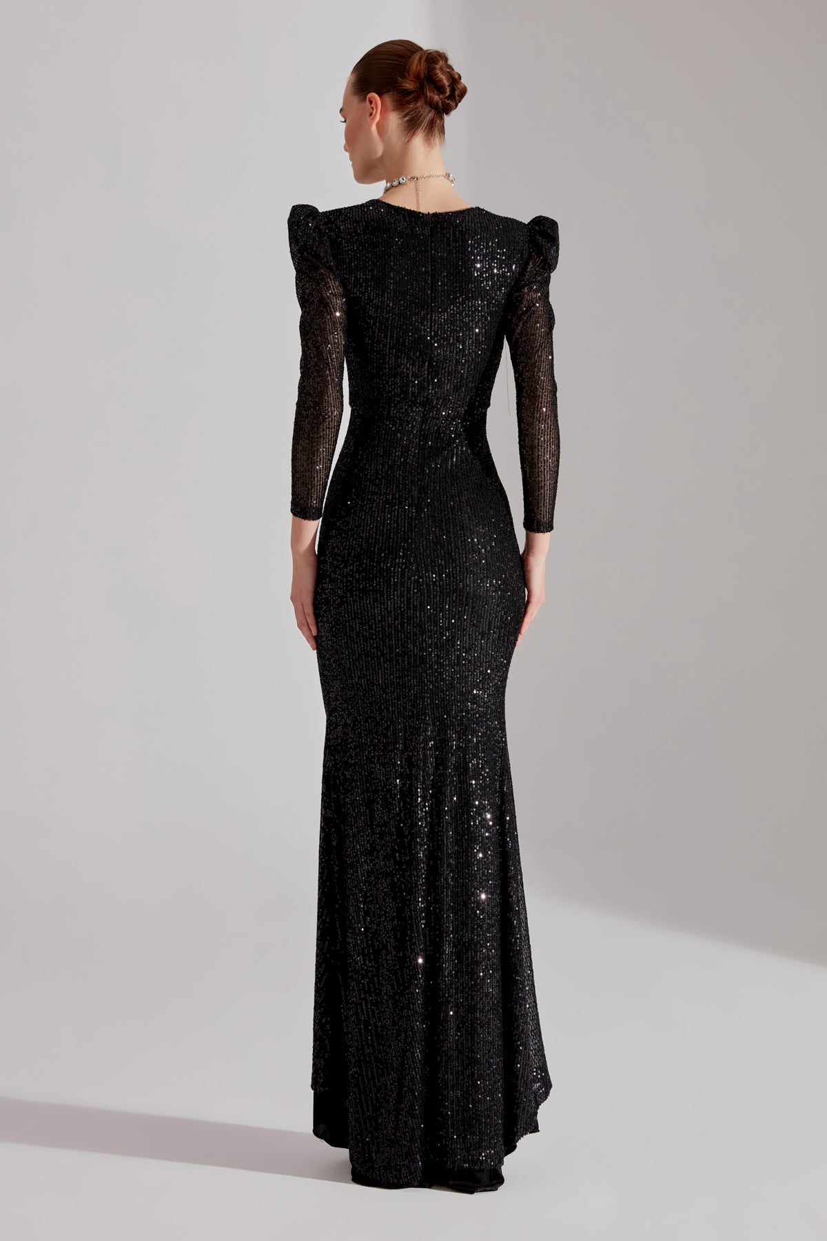 ANJAA Shiny BLACK Square Neck Fish Evening Dress