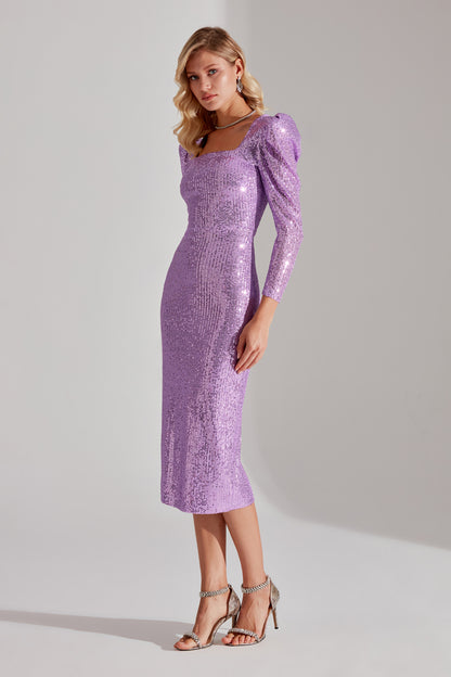 RENATA Shiny Lilac Square Neck Pencil Dress