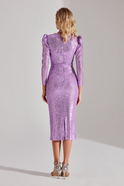 RENATA Shiny Lilac Square Neck Pencil Dress