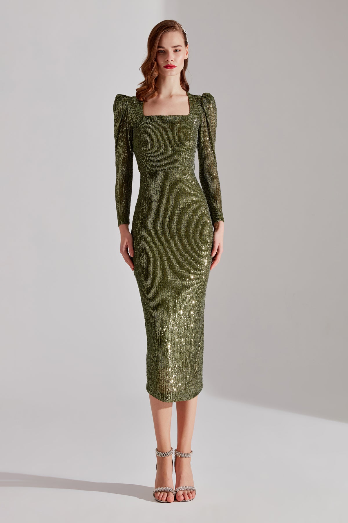 RENATA Shiny Khaki Square Neck Pencil Dress