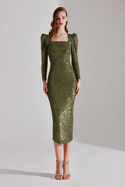 RENATA Shiny Khaki Square Neck Pencil Dress