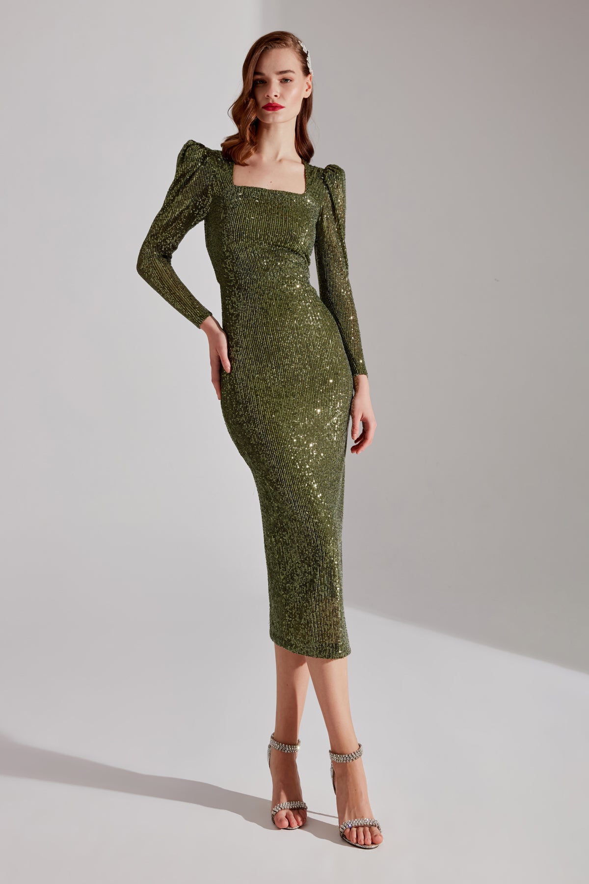 RENATA Shiny Khaki Square Neck Pencil Dress