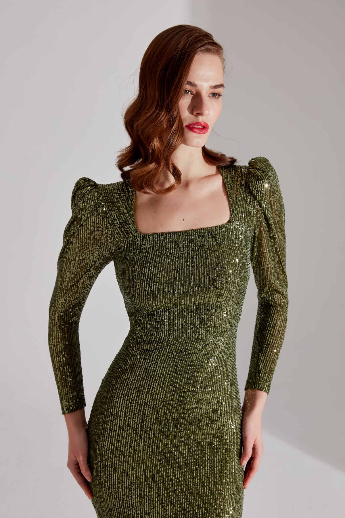 RENATA Shiny Khaki Square Neck Pencil Dress