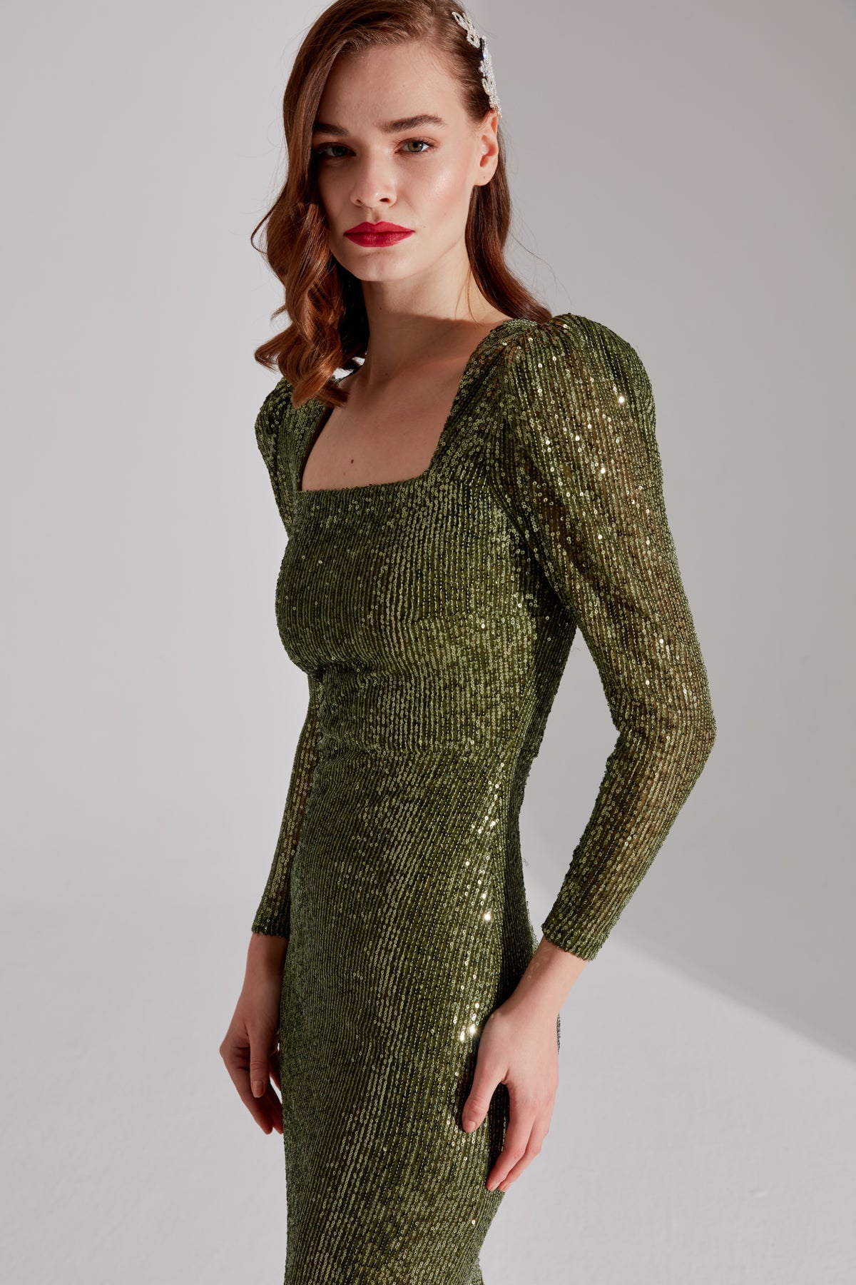 RENATA Shiny Khaki Square Neck Pencil Dress