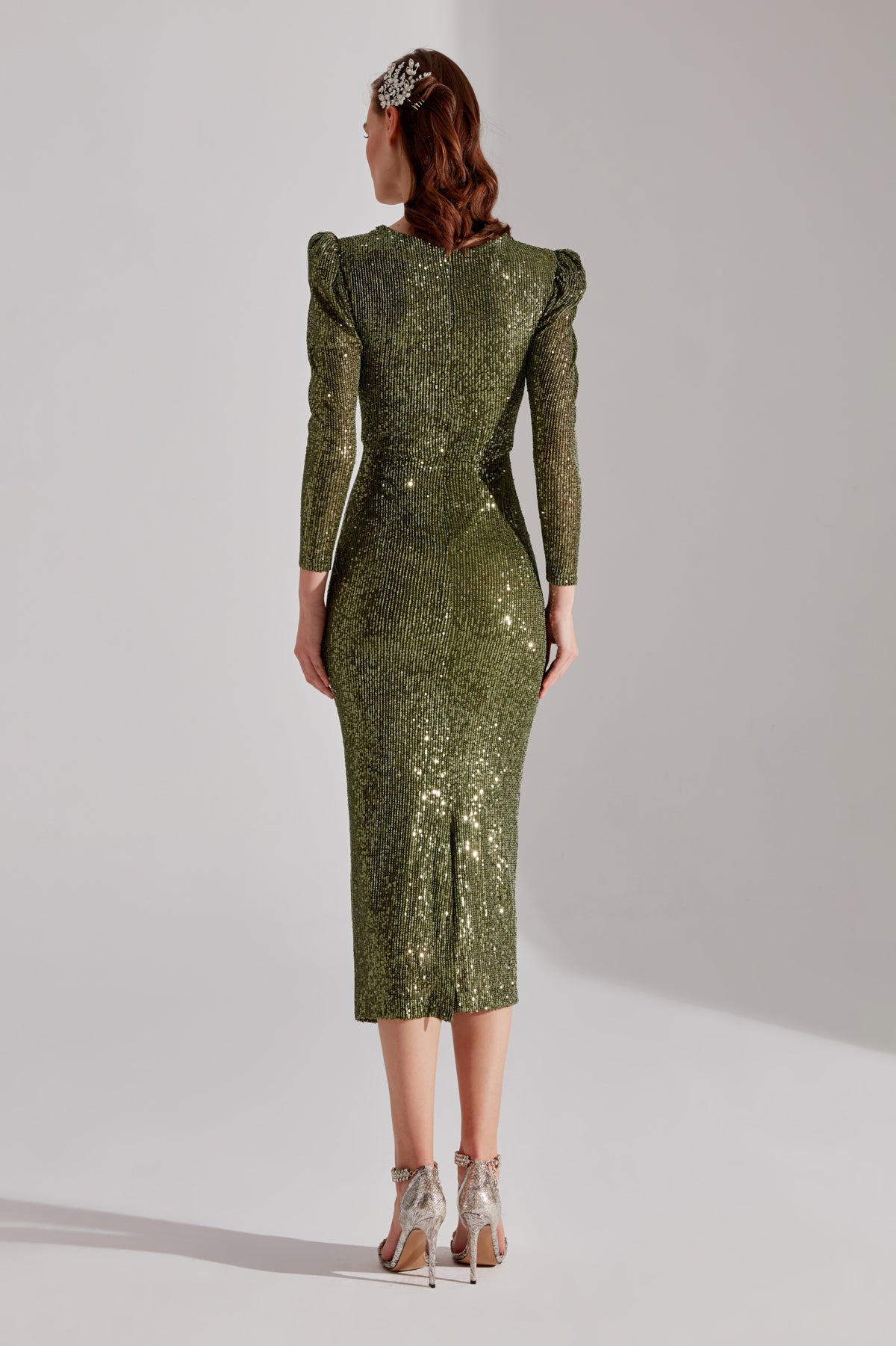 RENATA Shiny Khaki Square Neck Pencil Dress