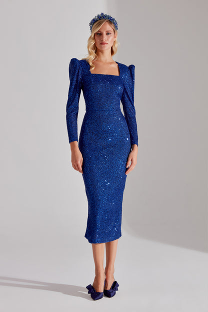 RENATA Shiny Cobalt Blue Square Neck Pencil Dress