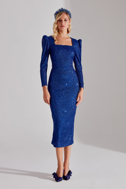 RENATA Shiny Cobalt Blue Square Neck Pencil Dress