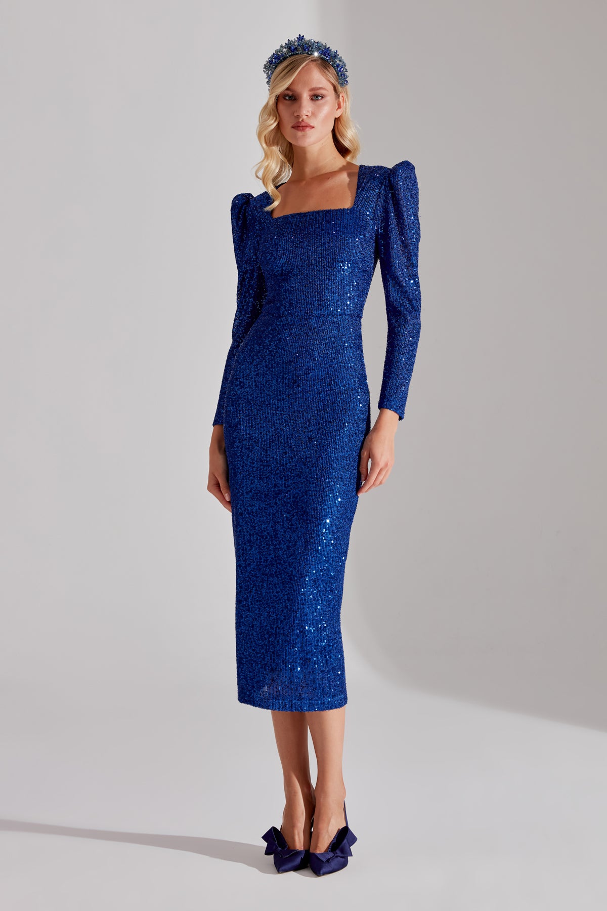 RENATA Shiny Cobalt Blue Square Neck Pencil Dress